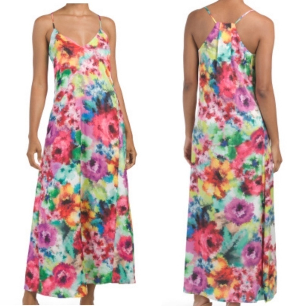 Nicole Miller plus size 1X rainbow watercolor slip dress women’s maxi length